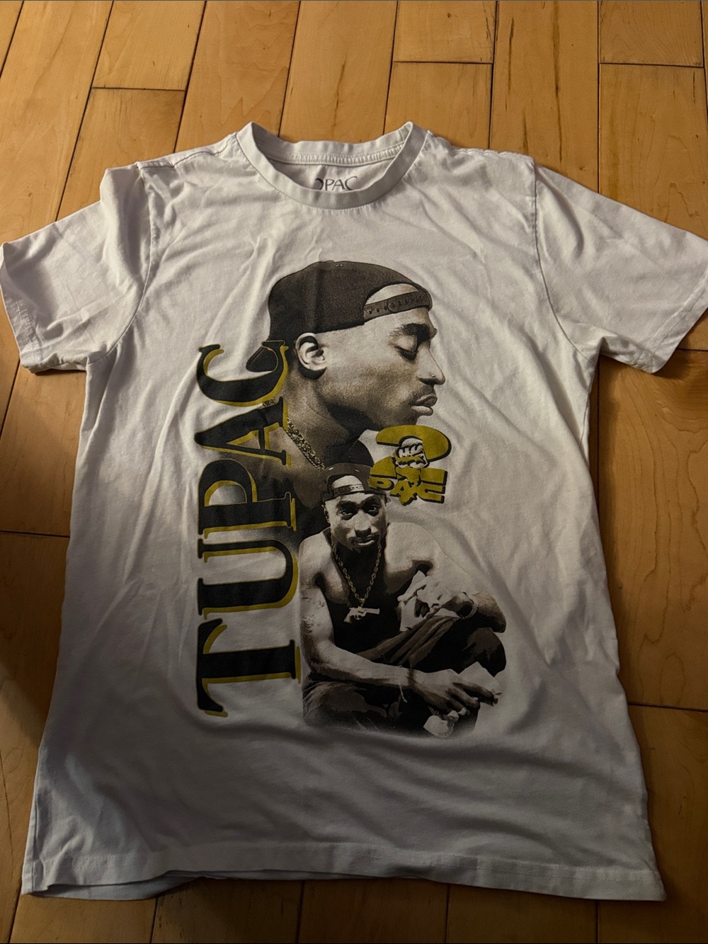 Tupac Graphic Short Sleeve Tee - White with Black & Yellow Print